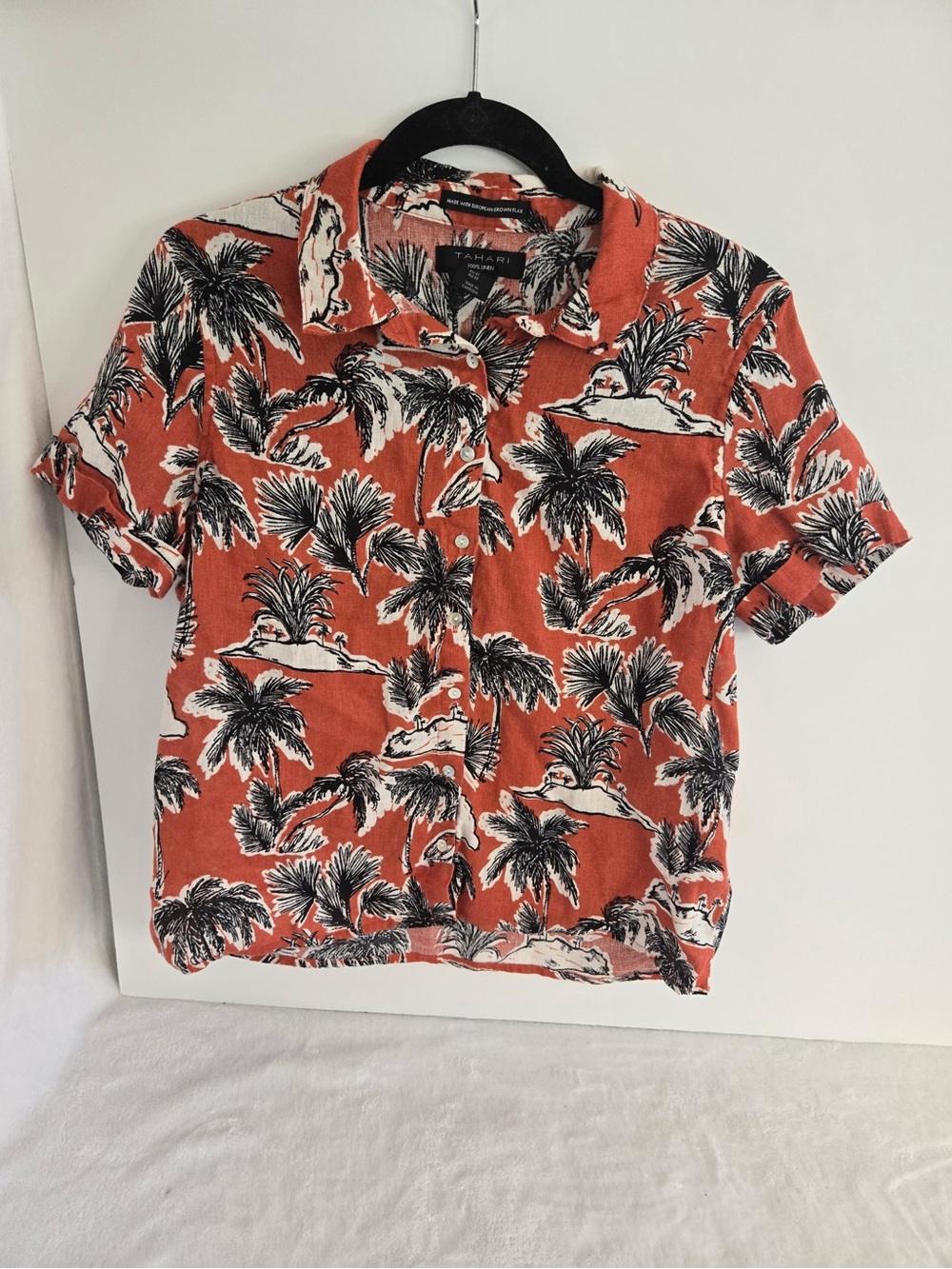 Tahari Rust Orange Palm-Print Short Sleeve Button-Down Shirt